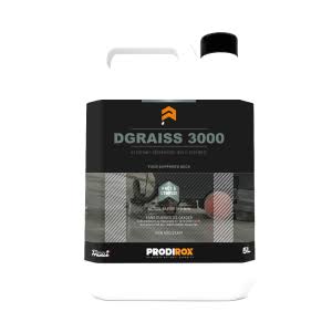 Envases de detergente y desengrasante técnico Prodirox Dgraiss 3000 para superficies minerales.