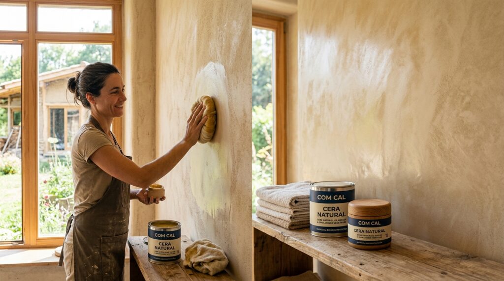Com Cal Cera Natural 99 Profesional de la bioconstrucción aplicando Cera Natural Com Cal Cera Natural con trapo de lana sobre una pared de estuco de cal para impermeabilizar y dar brillo.