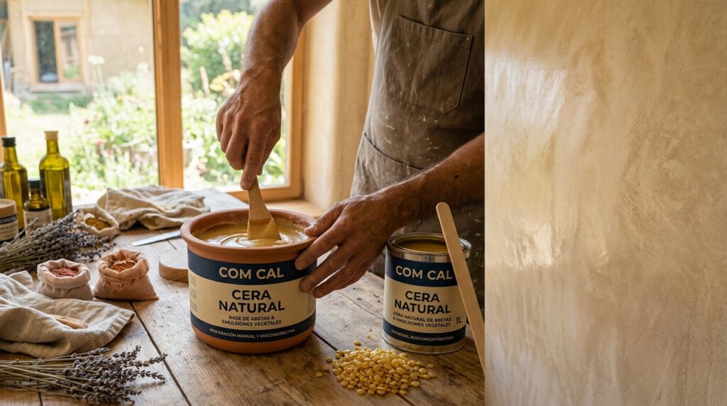Com Cal Cera Natural 100 Primer plano de manos artesanas mezclando Cera Natural COM-CAL en un cuenco de terracota, con ingredientes naturales y pared de estuco de cal pulida de fondo.
