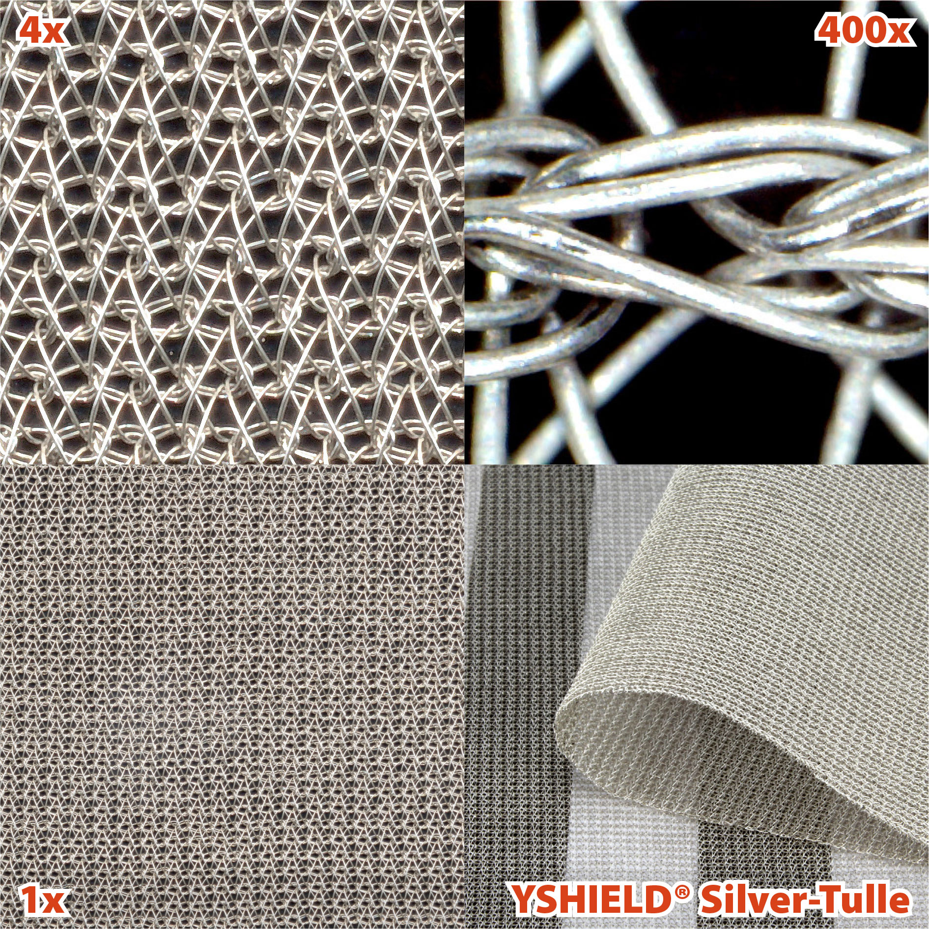 Yshield SILVER TULLE 97 Venta por metro lineal de la tela Yshield SILVER TULLE de plata pura. Máxima atenuación electromagnética (50 dB) y conectable a tierra.
