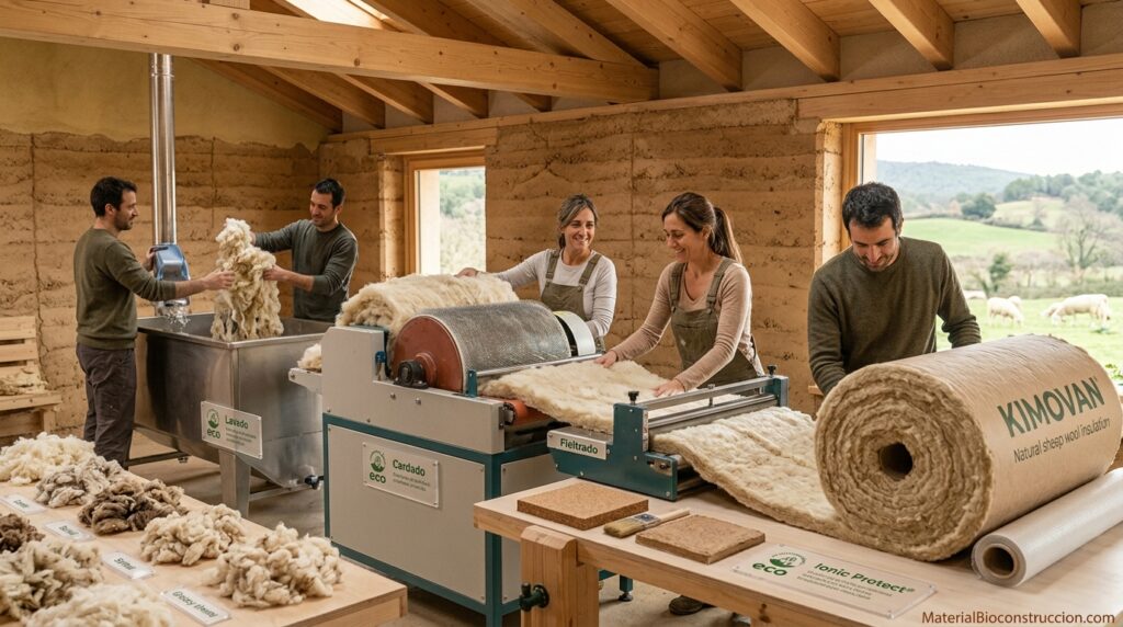 Aislamiento lana de oveja 100 Primer plano detallado de la fabricación artesanal de aislamiento de lana de oveja natural KIMOVAN en un taller en Aragón, España, mostrando las etapas de lavado, cardado y fieltrado con trabajadores y el producto final.